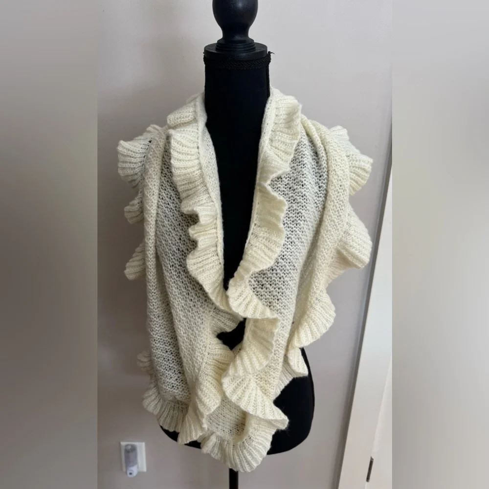 Wooden Ships cream mohair wool blend knit ruffled‎ women’s infinity scarf